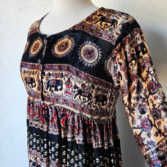 Vintage 70s 80s Velour Bohemian Elephant Stripe Paisley Hippie Maxi Dress India - Picture 5 of 10